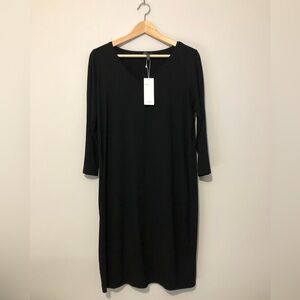 Eileen Fisher V Neck Black Long Sleeve Lyocell Shift Dress Women’s Small